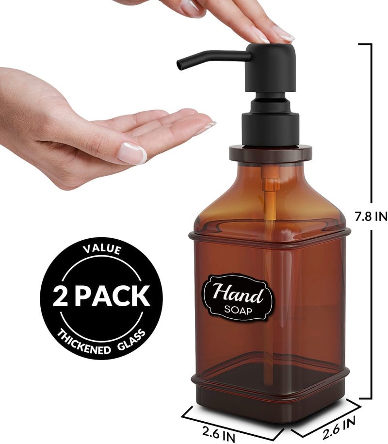 LMQML Soap Dispenser - 2 Pack, Antique Design Thick Amber Glass Hand Soap Dispensers with Sturdy Tray; 304 Rust Proof Stainless Steel Black Pump, 12Pcs Stickers, for Kitchen, Bathroom- Black - Image 3